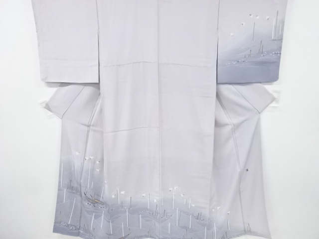 JAPANESE UNUSED HOMONGI / SILK / HAND PAINTING YUZEN / SMALL BOAT & HOUNDSTOOTH